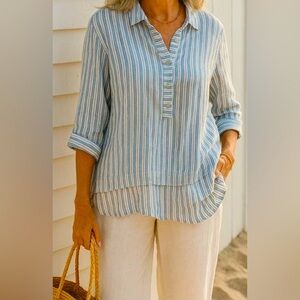J. Jill Love Linen 100% Linen Striped Popover Tunic Shirt Shell Buttons~Med